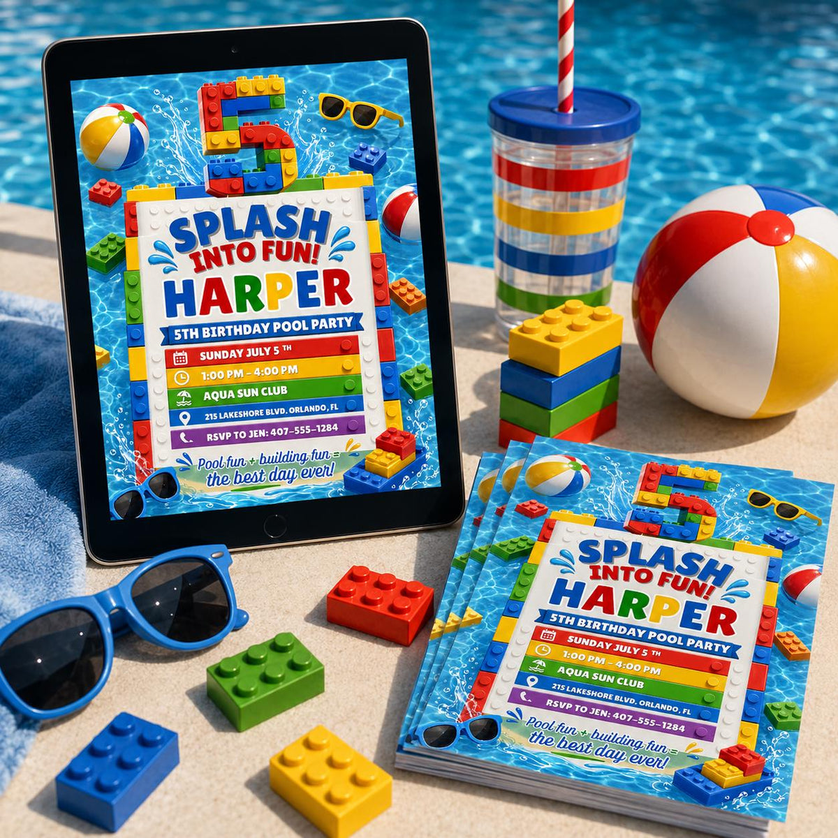 Splash Into Fun Building Block 5th Birthday Pool Invitation — printable invitation from VoltBy