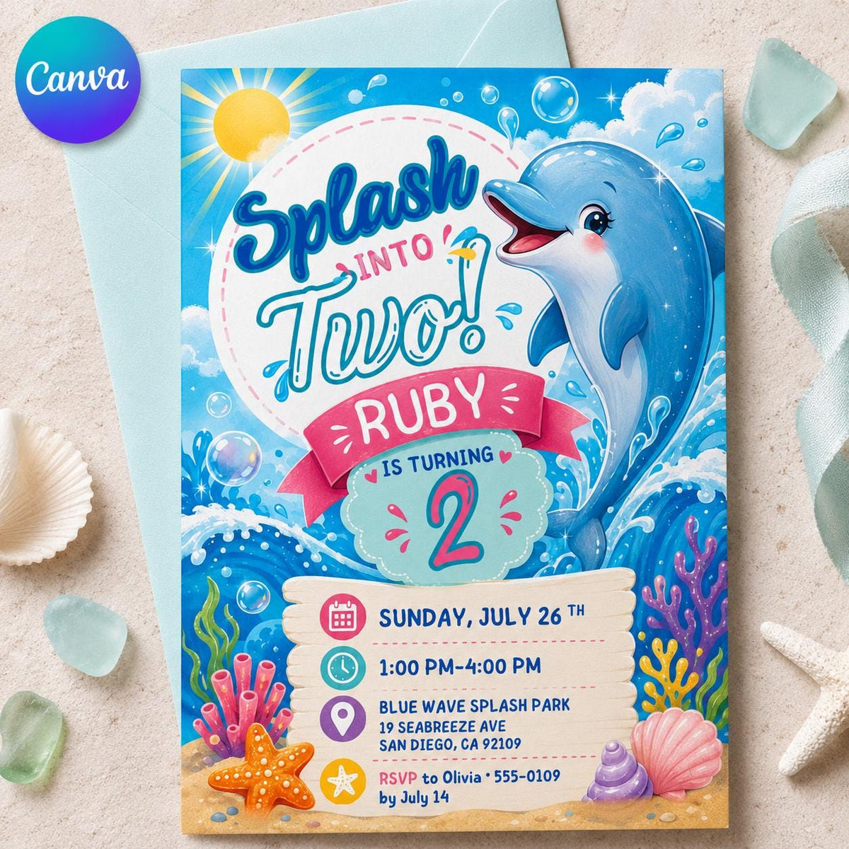 Splash into Two Dolphin Birthday Invitation — editable Canva template