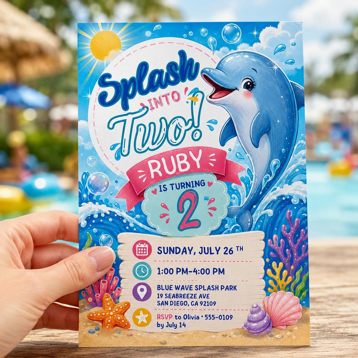 Splash into Two Dolphin Birthday Invitation — pool design