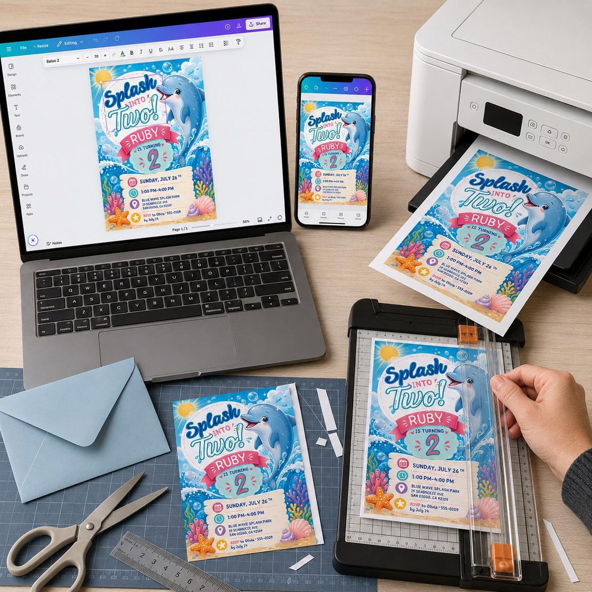 Splash into Two Dolphin Birthday Invitation — invitation you personalize in Canva
