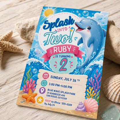 Splash into Two Dolphin Birthday Invitation — pool artwork in blue and pink