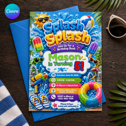 Splash Pad Birthday Invitation — editable Canva template