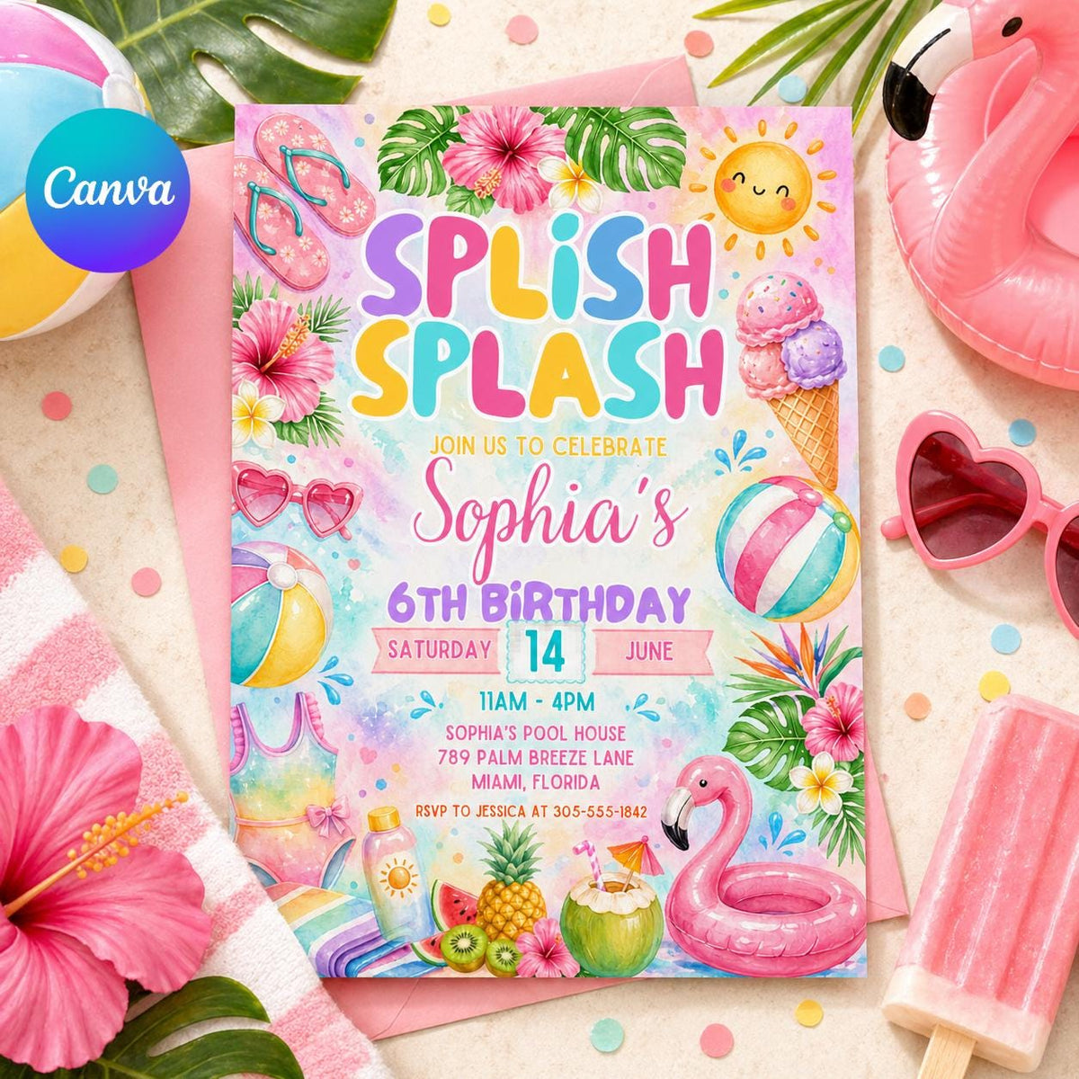 Splish Splash Pool Party Birthday Invitation — editable Canva template