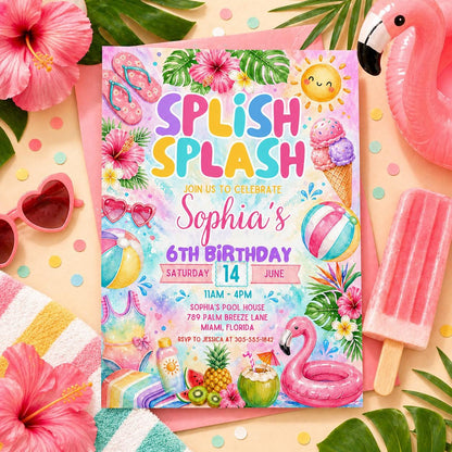 Splish Splash Pool Party Birthday Invitation — print-ready birthday party design from VoltBy