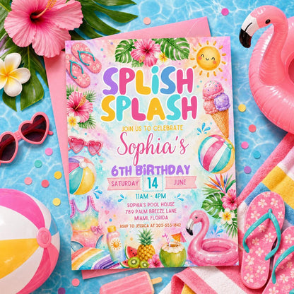Splish Splash Pool Party Birthday Invitation — birthday party stationery by VoltBy