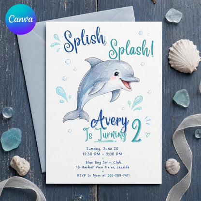 Splish Splash Watercolor Dolphin 2nd Birthday Invitation — editable Canva template