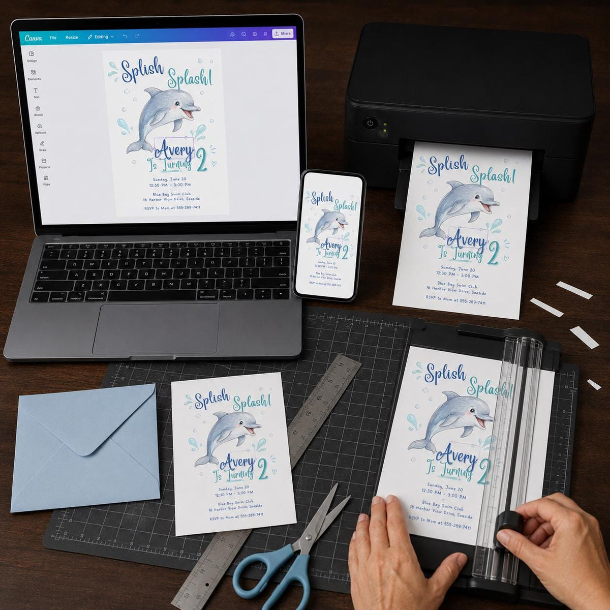 Splish Splash Watercolor Dolphin 2nd Birthday Invitation in blue and teal