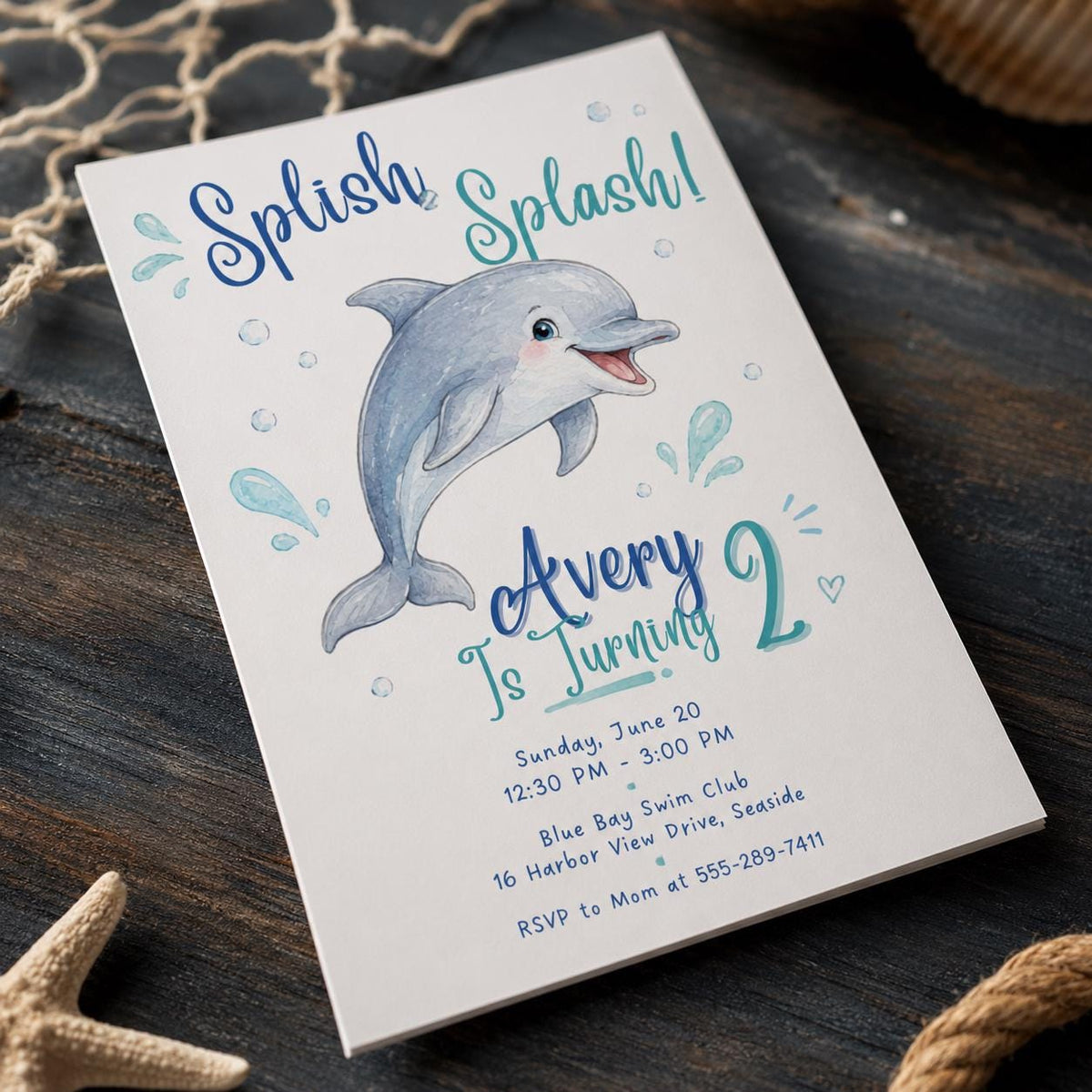 Splish Splash Watercolor Dolphin 2nd Birthday Invitation — pool design