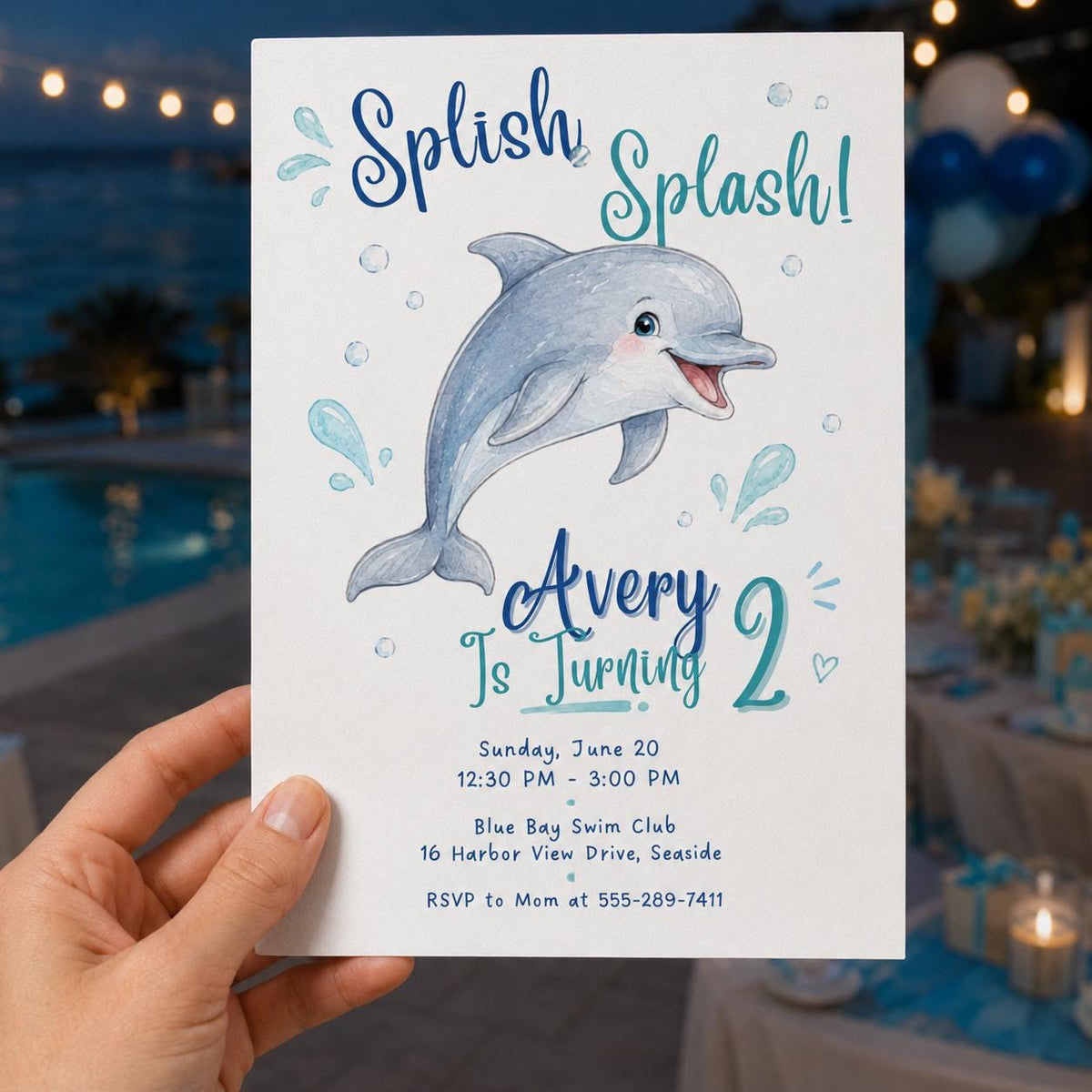 Splish Splash Watercolor Dolphin 2nd Birthday Invitation — pool artwork in blue and teal