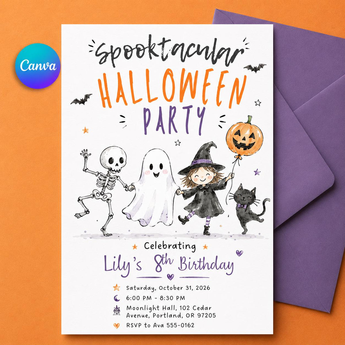Spooky Kids Halloween Birthday Invitation — editable Canva template
