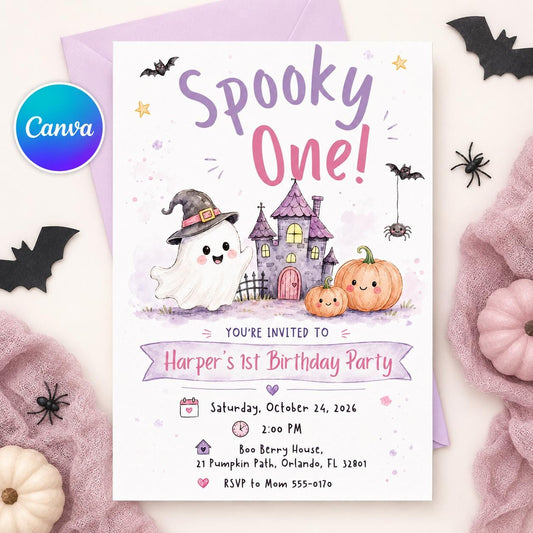 Spooky One Birthday Invitation Halloween 1st Birthday Pink Purple — editable Canva template