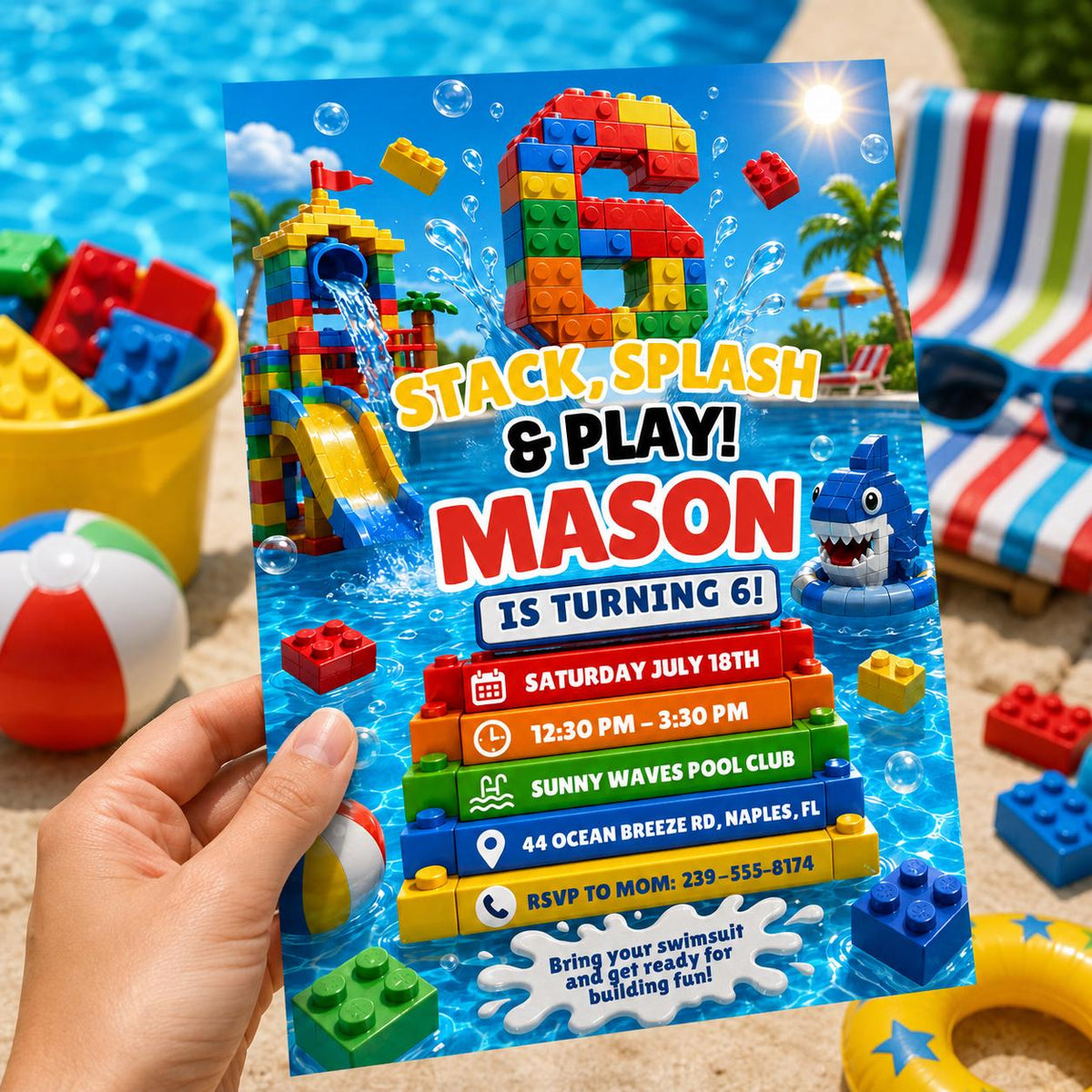 Stack Splash and Play 6th Birthday Pool Block Invitation