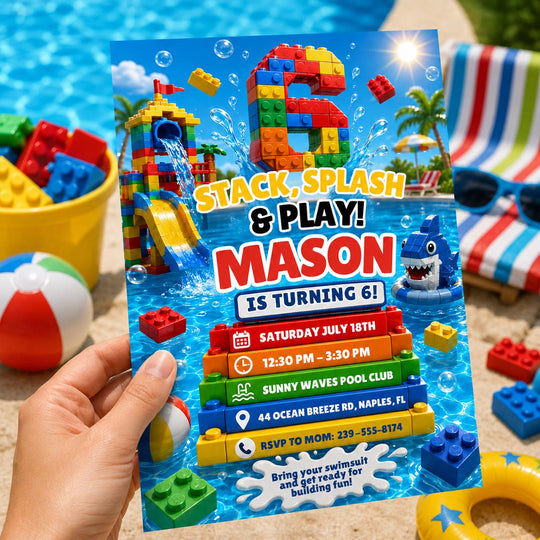 Stack Splash and Play 6th Birthday Pool Block Invitation