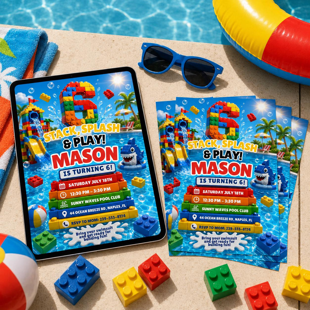 Stack Splash and Play 6th Birthday Pool Block Invitation — building blocks and pool design for a 6th birthday party