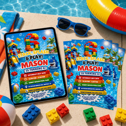 Stack Splash and Play 6th Birthday Pool Block Invitation — building blocks and pool design for a 6th birthday party