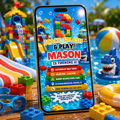 Stack Splash and Play 6th Birthday Pool Block Invitation in blue and red