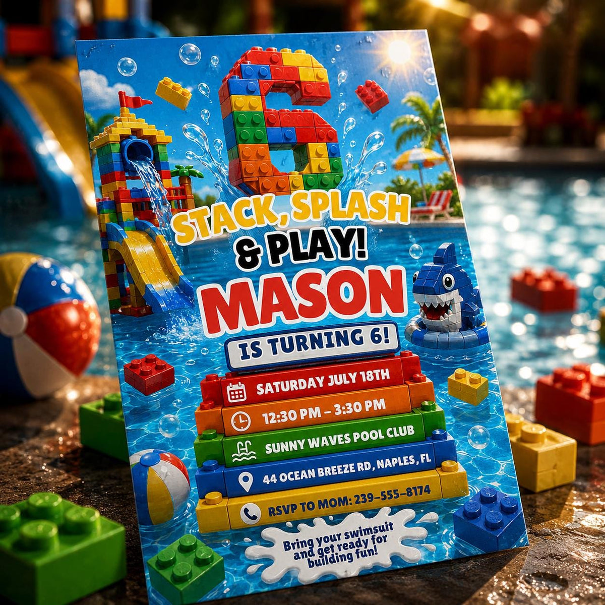 Stack Splash and Play 6th Birthday Pool Block Invitation — editable Canva template for a 6th birthday party