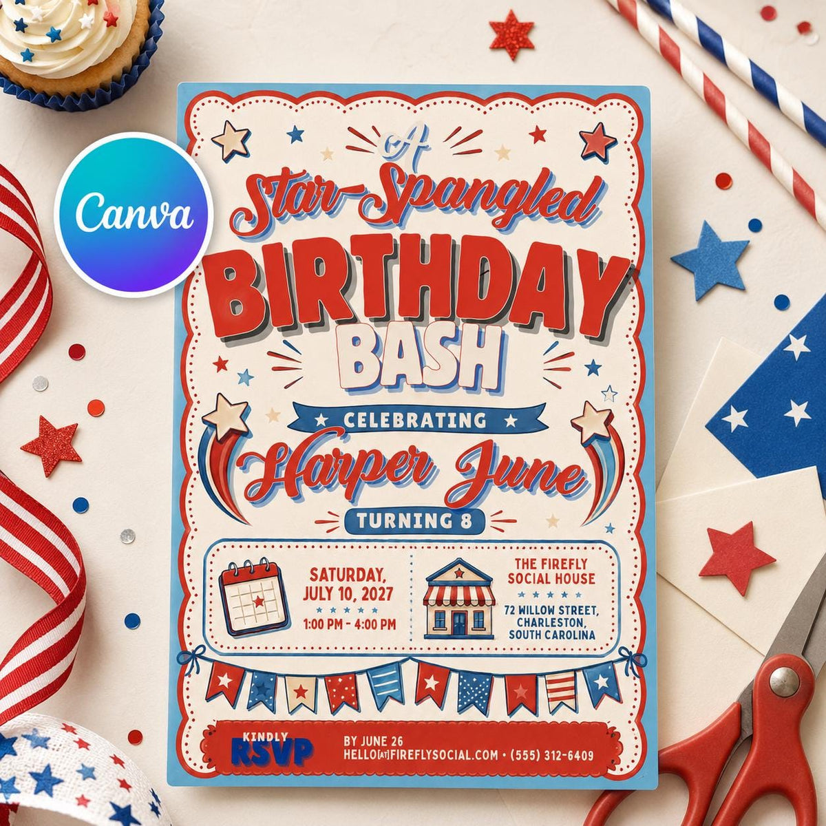 Star-Spangled Patriotic 8th Birthday Invitation — editable Canva template