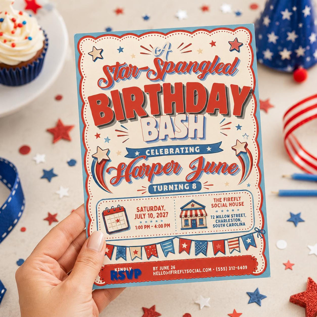 Star-Spangled Patriotic 8th Birthday Invitation — invitation you personalize in Canva