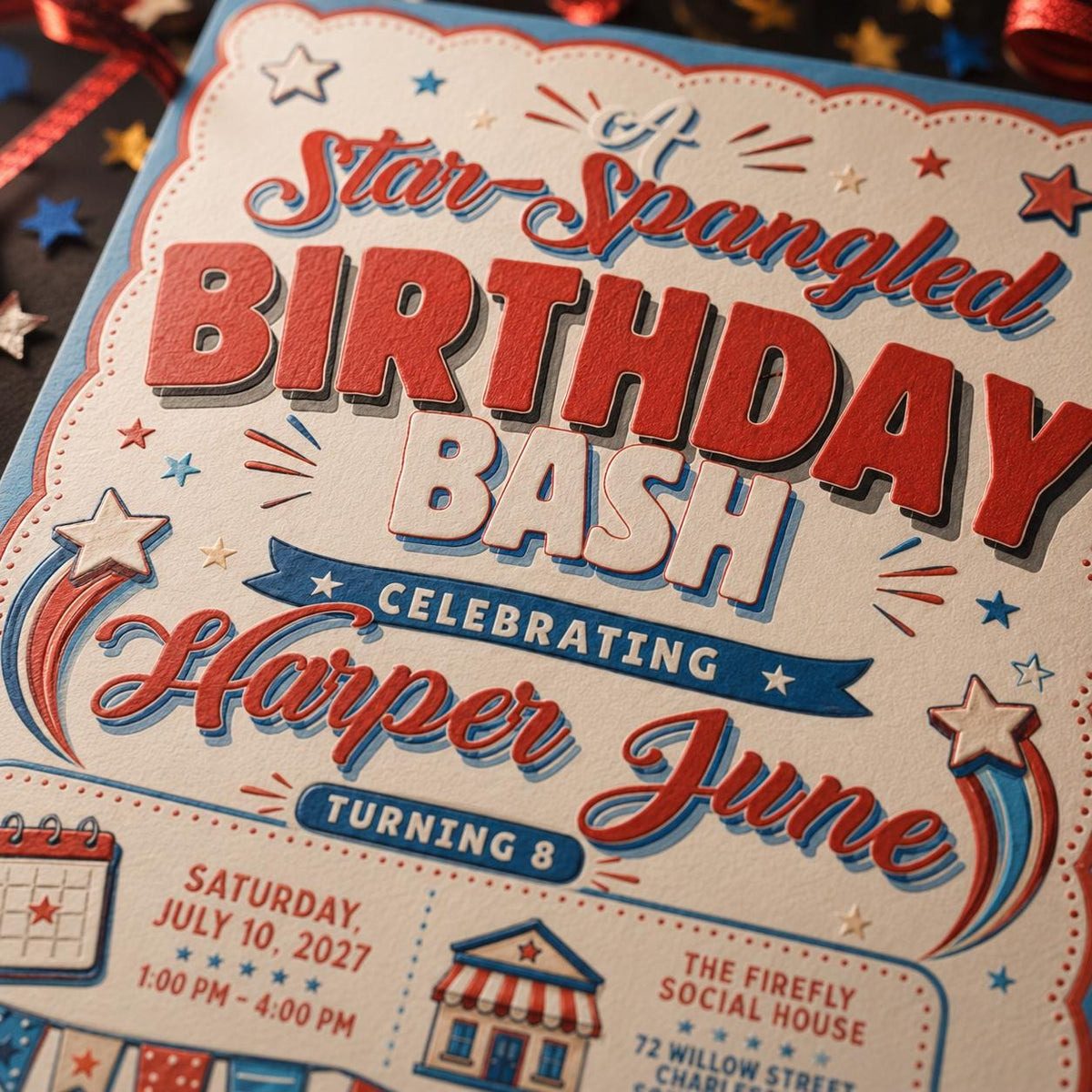 Star-Spangled Patriotic 8th Birthday Invitation — print-ready 8th birthday party design from VoltBy