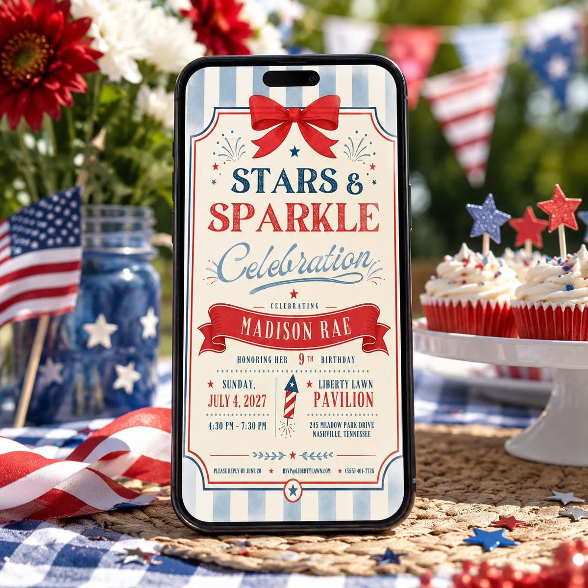 Stars and Sparkle Patriotic 9th Birthday Invitation in blue red