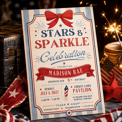 Stars and Sparkle Patriotic 9th Birthday Invitation — bow design