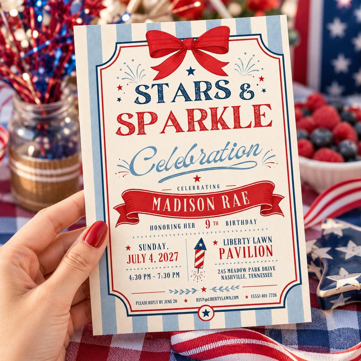Stars and Sparkle Patriotic 9th Birthday Invitation — invitation you personalize in Canva