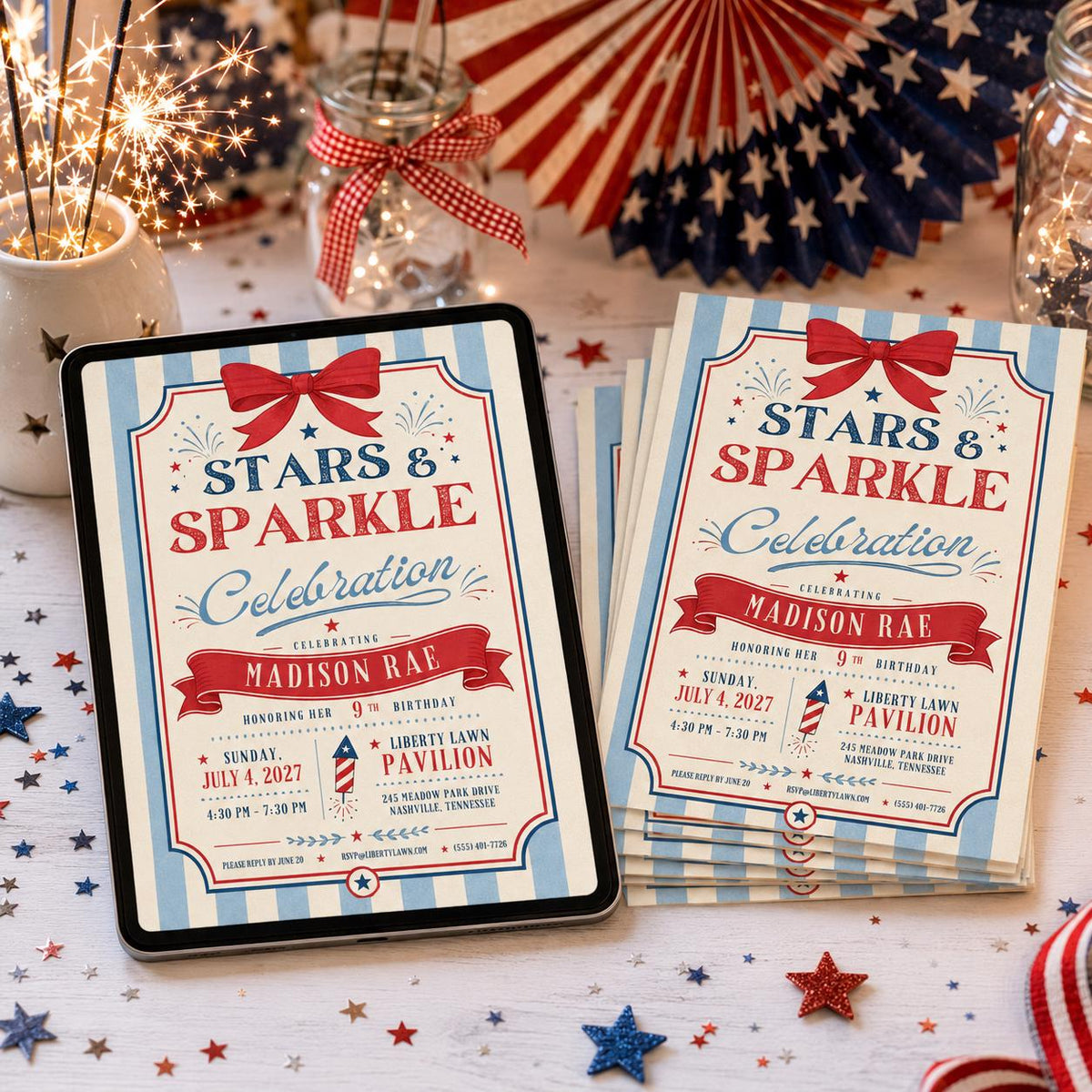 Stars and Sparkle Patriotic 9th Birthday Invitation — bow artwork in blue red