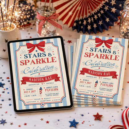 Stars and Sparkle Patriotic 9th Birthday Invitation — bow artwork in blue red