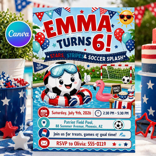 Stars Stripes and Soccer Splash 6th Birthday Invitation — editable Canva template