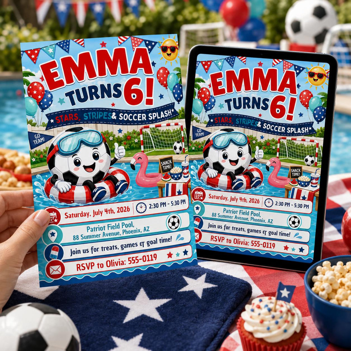 Stars Stripes and Soccer Splash 6th Birthday Invitation in blue red