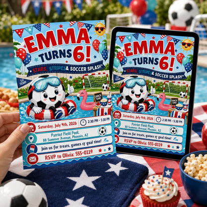 Stars Stripes and Soccer Splash 6th Birthday Invitation in blue red