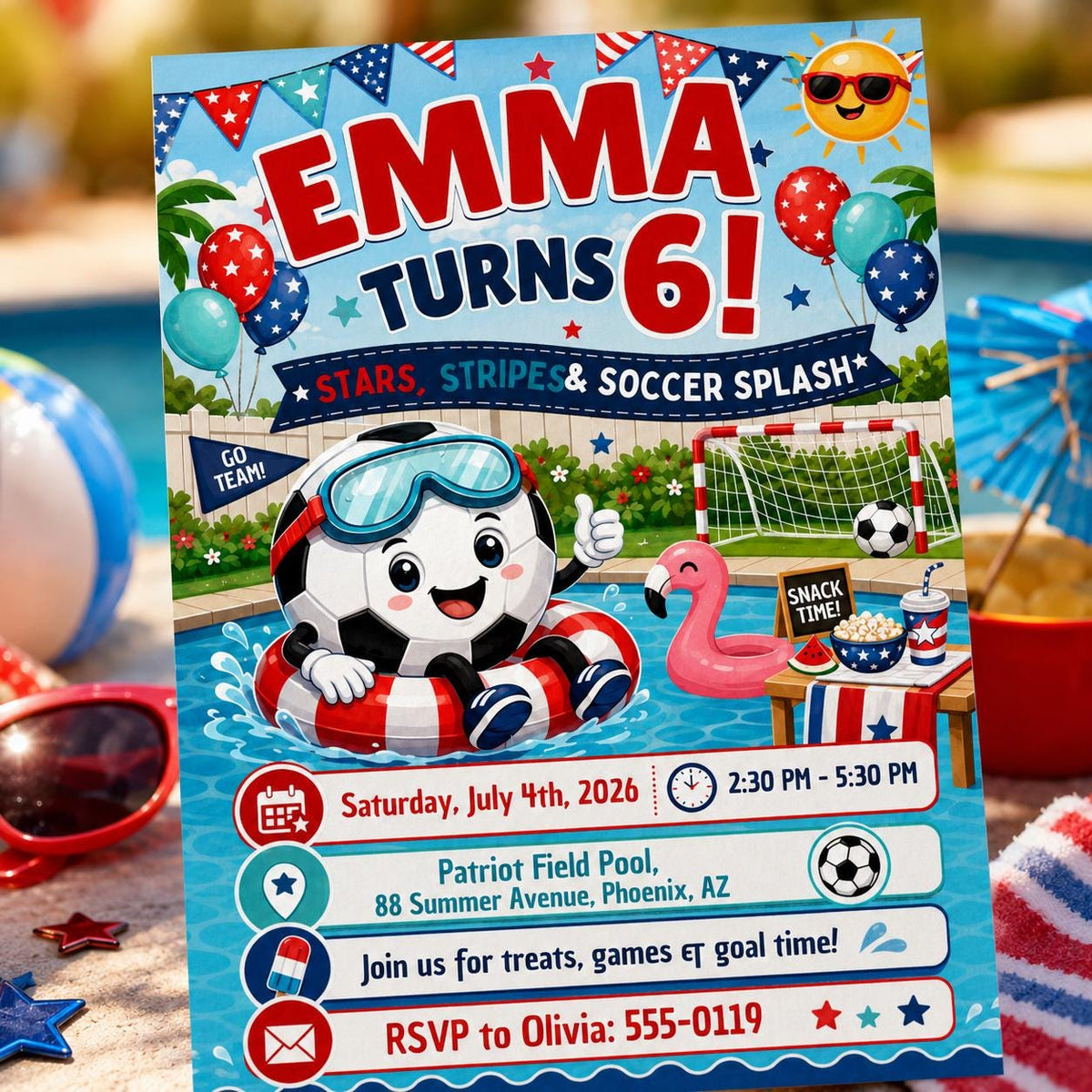 Stars Stripes and Soccer Splash 6th Birthday Invitation — patriotic pool design