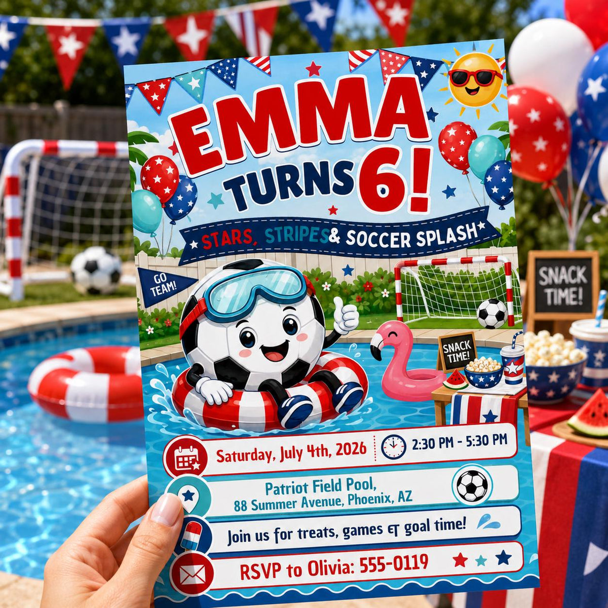 Stars Stripes and Soccer Splash 6th Birthday Invitation — invitation you personalize in Canva