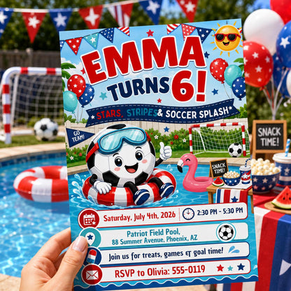Stars Stripes and Soccer Splash 6th Birthday Invitation — invitation you personalize in Canva