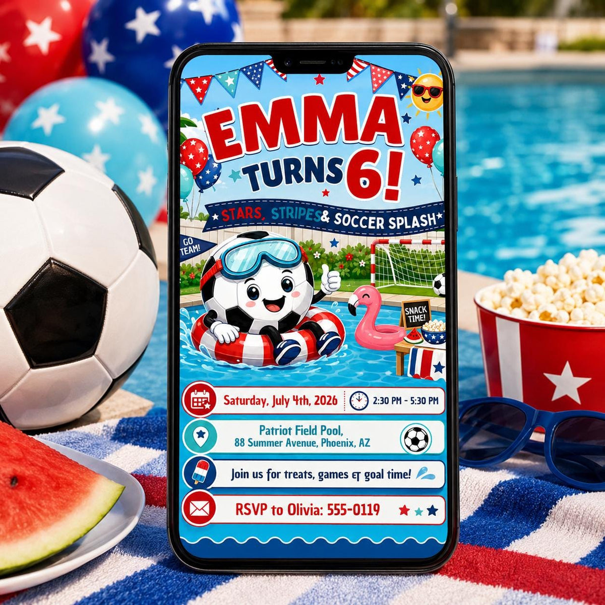 Stars Stripes and Soccer Splash 6th Birthday Invitation — patriotic pool artwork in blue red