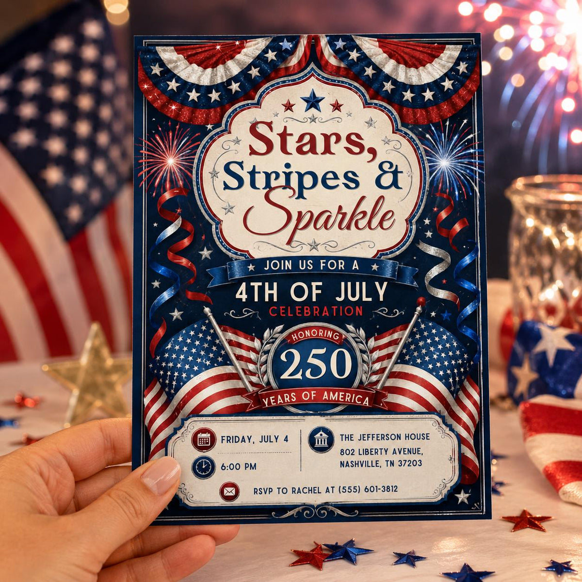 Stars Stripes and Sparkle America 250 Invitation in cream navy