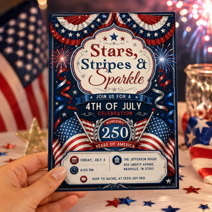 Stars Stripes and Sparkle America 250 Invitation in cream navy