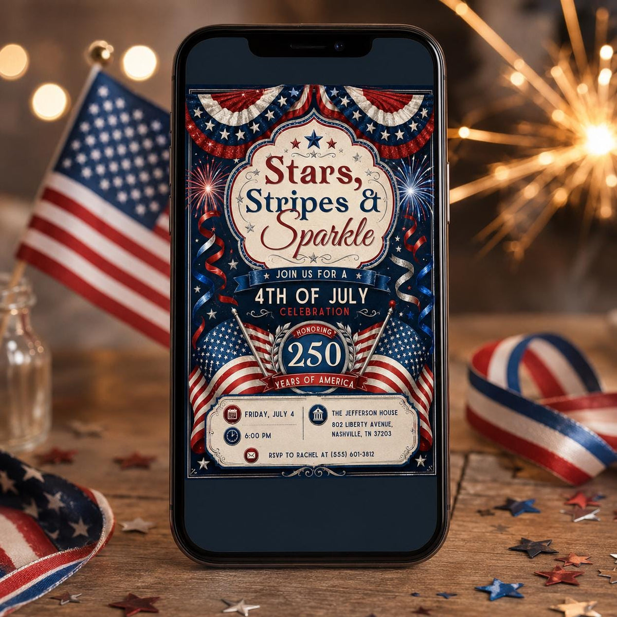 Stars Stripes and Sparkle America 250 Invitation — patriotic design