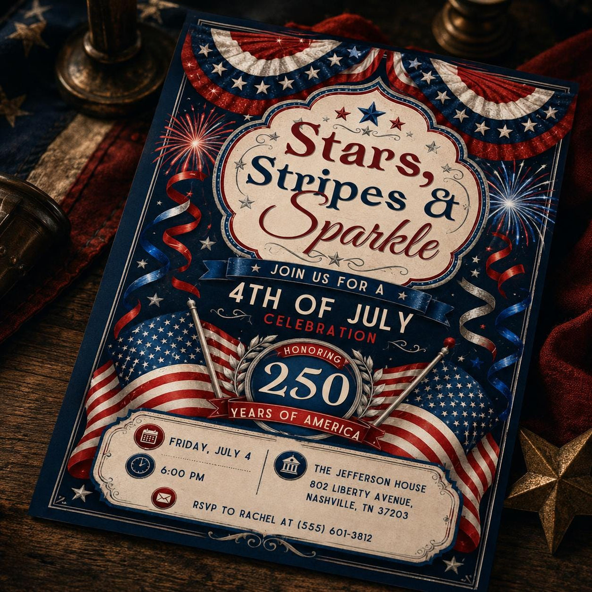 Stars Stripes and Sparkle America 250 Invitation — invitation you personalize in Canva