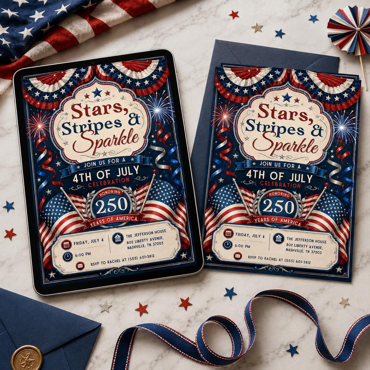 Stars Stripes and Sparkle America 250 Invitation — patriotic artwork in cream navy
