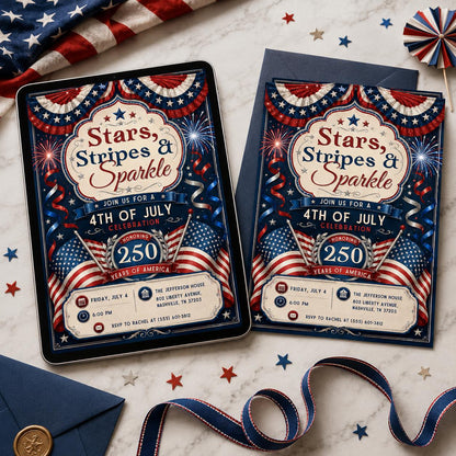 Stars Stripes and Sparkle America 250 Invitation — patriotic artwork in cream navy
