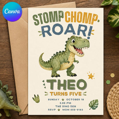 Stomp Chomp Roar Dinosaur 5th Birthday Invitation — editable Canva template