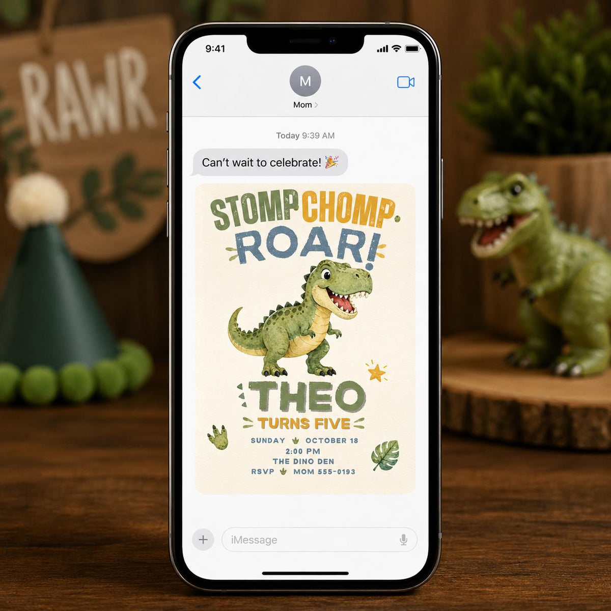 Stomp Chomp Roar Dinosaur 5th Birthday Invitation in blue and cream