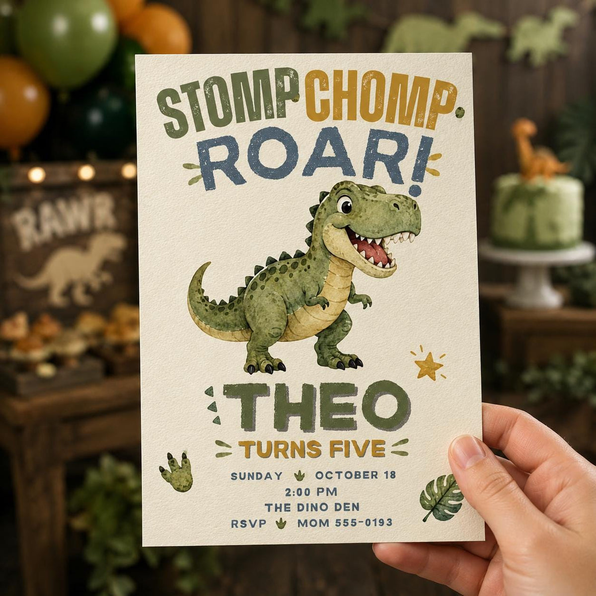 Stomp Chomp Roar Dinosaur 5th Birthday Invitation — invitation you personalize in Canva