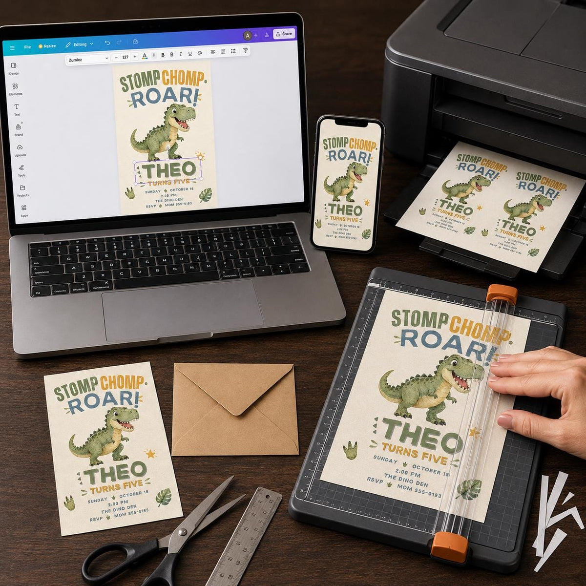 Stomp Chomp Roar Dinosaur 5th Birthday Invitation — watercolor 5th birthday party design