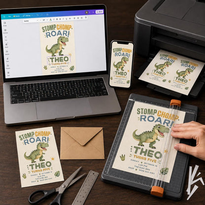 Stomp Chomp Roar Dinosaur 5th Birthday Invitation — watercolor 5th birthday party design