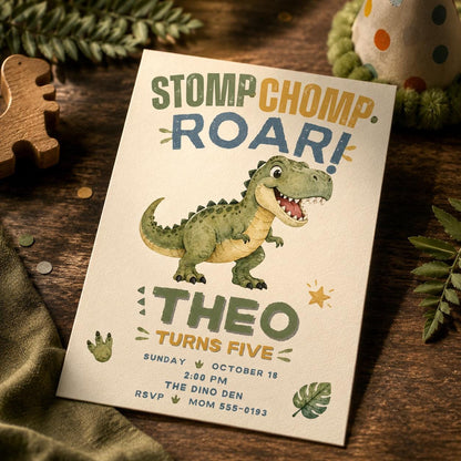 Stomp Chomp Roar Dinosaur 5th Birthday Invitation — print-ready 5th birthday party design from VoltBy