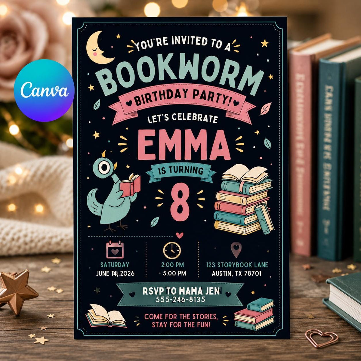 Storybook Bookworm Birthday Invitation — editable Canva template