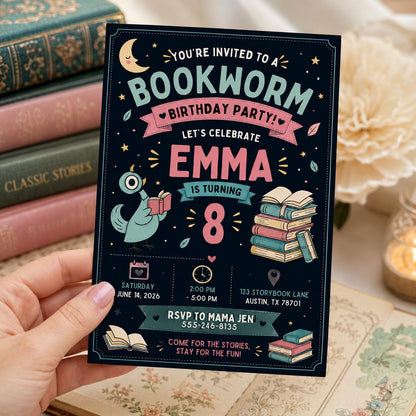 Storybook Bookworm Birthday Invitation — invitation you personalize in Canva